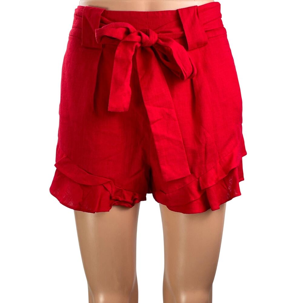 Chriselle JOA Women's Red High Waisted Belted Ruffle Tiered Mini Shorts Size XS